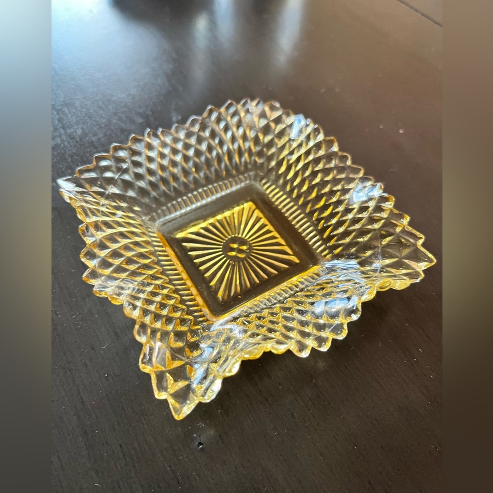 Vintage Indiana Glass Diamond Point Marigold Iridescent Square Dish Trinket